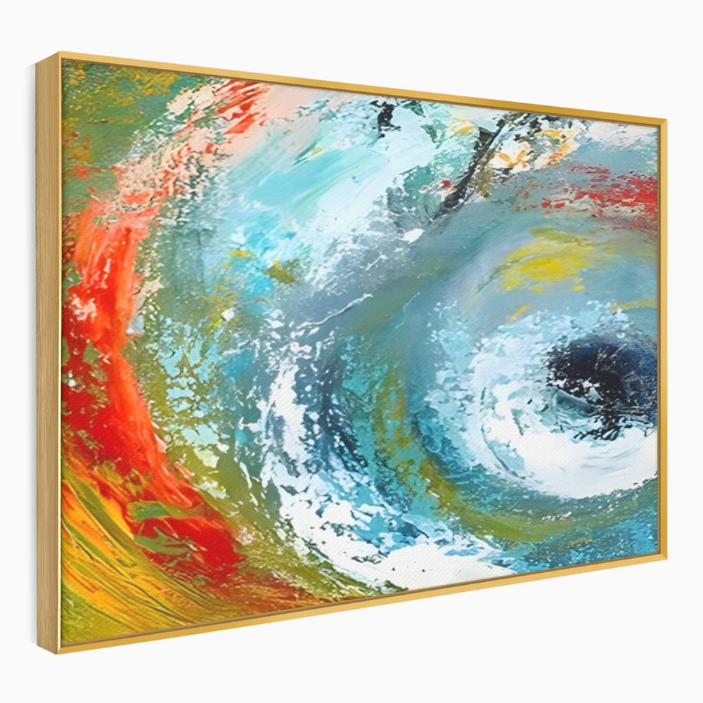 Tablou canvas cu pictura abstracta cu vartej de culori, in rama de aluminiu auriu